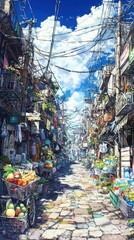 Obraz premium Colorful alleyway with street vendors, sunny day