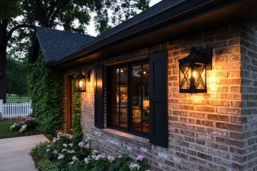Evening brick house exterior lighting