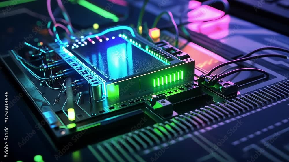 Poster quantum computing processor performing complex calculations, emitting glowing lights and showcasing 