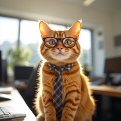 Orange tabby cat in glasses and a tie, embodying levity and laughter in a sunny office workspace
