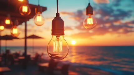 Obraz premium Sunset beach cafe, glowing bulbs, romantic ambiance, outdoor dining