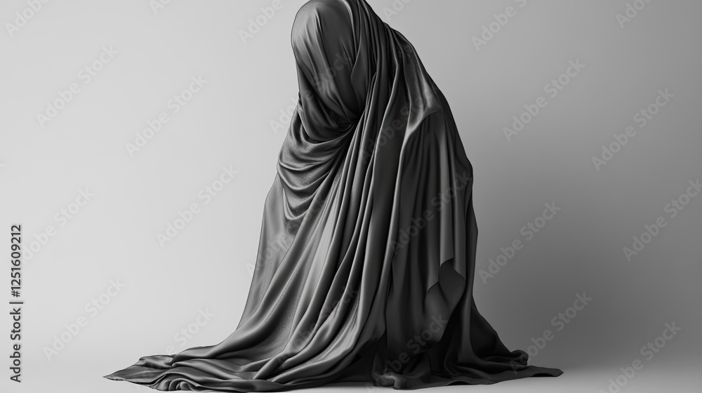 Poster deep graphite satin fabric with realistic draping and subtle highlights.