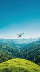 Drone Flying Over Lush Green Hills and Mountains on Bright Day
