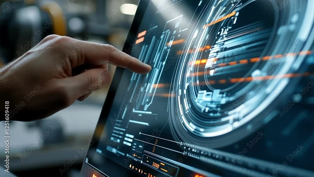 Poster in a technologically advanced factory, an industrial engineer interacts with a futuristic touchscree
