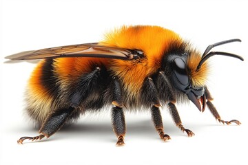 Detailed Close Up of a Fluffy Bumblebee with Orange and Black Fur on a Clean White Background