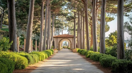 A beautifully designed pathway flanked by towering trees and graceful arches, perfect for peaceful reflection and strolls.