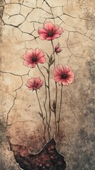 Pink Cosmos Flowers Emerging From Cracked Earth