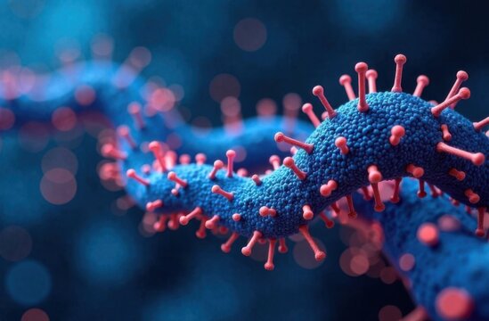 Highly detailed microscopic view of a virus-like structure with spike proteins, creating a futuristic and scientific visualization of microbiology and infection