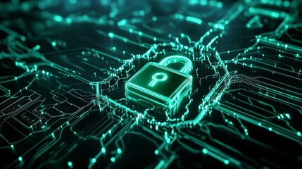 Cybersecurity Concept.  A  icon glowing in 3D on a dark background