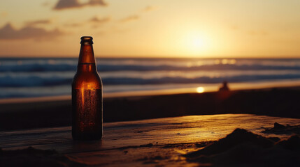 cold beer bottle with condensation sits on beach at sunset