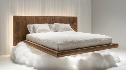 Fototapeta premium Dreamy Modern Bedroom Featuring Floating Bed Above Cloud with Minimalist Design and Soft Light