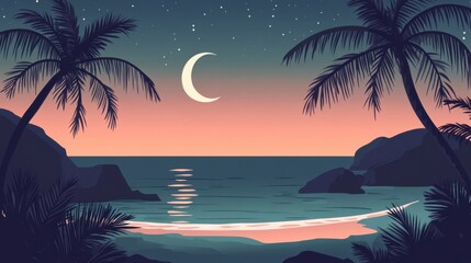 A peaceful coastal scene where the crescent moon casts a soft silver glow over the sea, with palm trees gently swaying in the warm night breeze