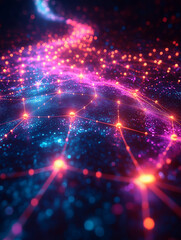 Obraz premium Abstract data flow concept with glowing dots connected by lines, dark gradient background, tech style