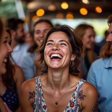 Woman laughing with friends in social gathering, joyful group sharing moments of levity and laughter, candid happy faces enjoying together, friendship and celebration with genuine smiles