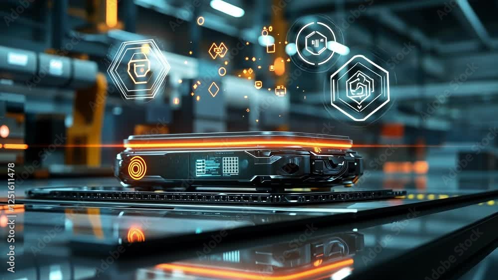 Poster futuristic server rack processing vast amounts of data and utilizing a digital holographic user inte