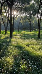 Obraz premium Sunbeams Through Trees, Peaceful Forest Glade. Lush Greenery, Sunlight. Calm Nature Background.