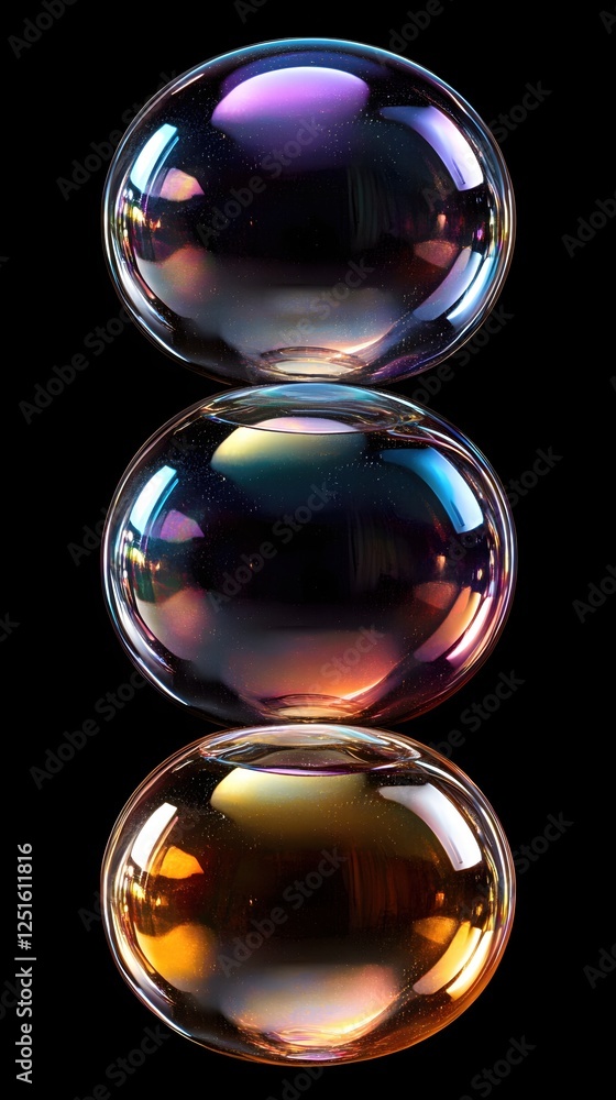 Poster three iridescent soap bubbles stacked vertically against a stark black background creating drama
