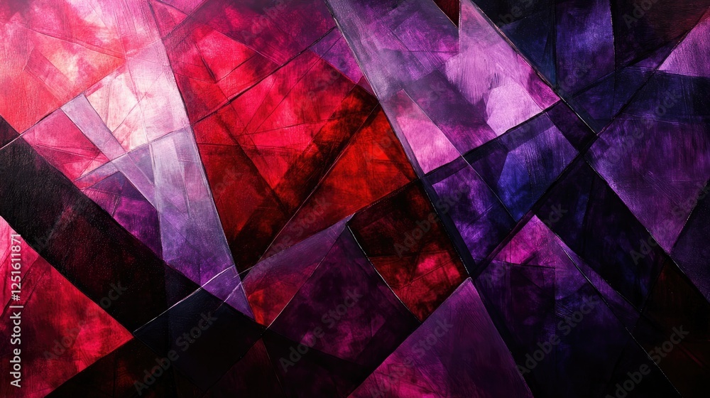 Poster diagonal faceted shapes in deep purple, red, and black create a luxurious abstract background with s