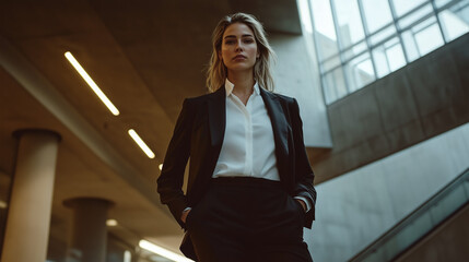 Fototapeta premium Portrait of young Hispanic professional business woman standing in office. Happy female company executive, smiling businesswoman entrepreneur corporate leader manager looking at camera 
