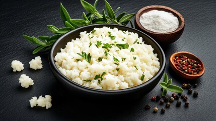 Creamy white cauliflower rice garnished with fresh herbs in a black bowl.