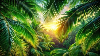 Naklejka premium A vibrant summer sun casts a warm glow through the lush green leaves of a palm tree, revealing intricate patterns and shades of emerald green , tropical atmosphere, palm trees
