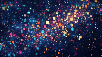 Colorful digital particles swirling, dark background, abstract tech backdrop