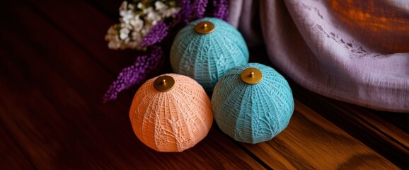 Knitted sphere lights on wood, flowers & fabric background, home decor