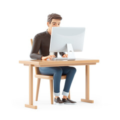 3d cartoon man working on computer at desk