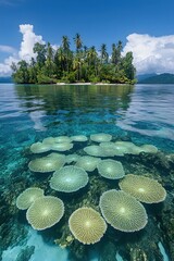 Fototapeta premium Tropical Island Paradise with Vibrant Underwater Coral Reef Garden in Raja Ampat Indonesia