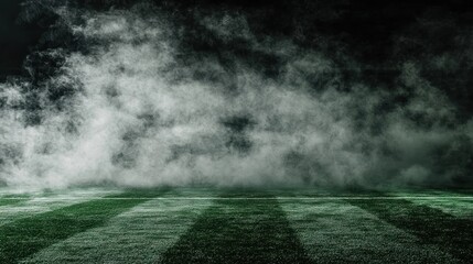 Empty stadium field shrouded in smoky atmosphere