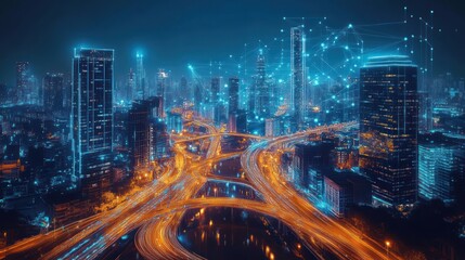 Obraz premium Night city highway network digital connections