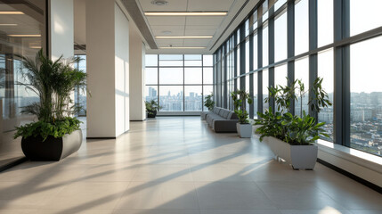 Obraz premium modern corporate office with large windows and city views, featuring greenery