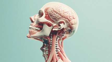 Human head anatomy, skull, brain, muscles, and neck detailed 3D render.