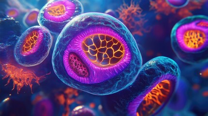 A collection of uniquely shaped and vividly colored cells in a futuristic 3D microscopic environment.