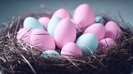 Obraz premium Colorful Painted Eggs in Straw Nest Celebrating Spring Holiday Season Easter Tradition.