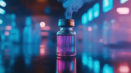Neon-lit lab vial; purple liquid, smoke, futuristic background; medical research