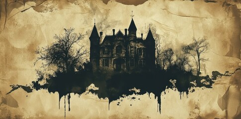 Spooky haunted mansion with bare trees and old parchment background