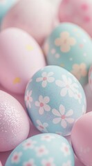 Fototapeta premium Elegant Easter composition with artisanal decorated eggs and fresh spring flowers on a trendy background. Perfect for social media marketing and business.