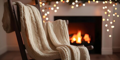 Obraz premium a cozy rocking chair with a knitted blanket, softly lit by a fire's glow, with blurred twinkling Christmas lights creating a serene composition 2