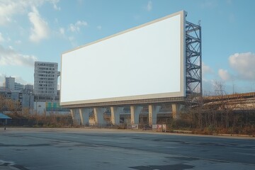 Obraz premium Empty Billboard on Urban Landscape with Clear Blue Sky Background