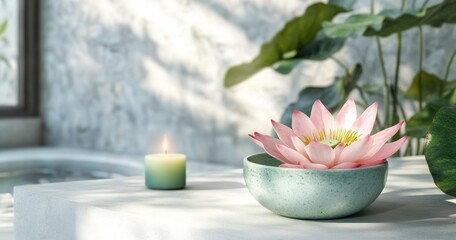 Serene spa scene with lotus flower in bowl, candle, and plants.