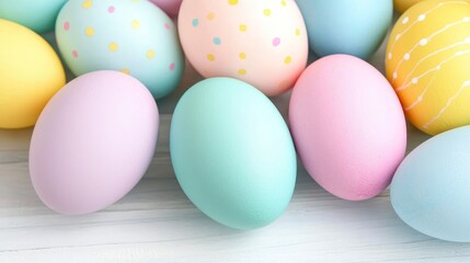 Fototapeta premium Colorful Pastel Easter Eggs Arranged on Light Wooden Surface With Soft Light and Shallow Depth.