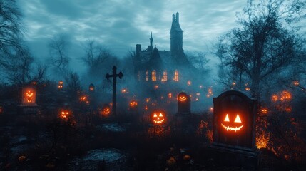 Fototapeta premium Haunted mansion, graveyard pumpkins, foggy night, Halloween scene
