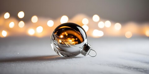 Fototapeta premium a delicate glass ornament reflecting dramatic light, resting gently on a snowy surface, with golden and white blurred lights behind 3
