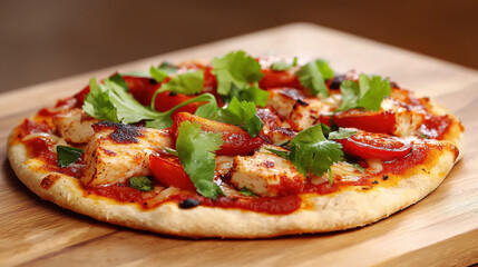 Delicious pizza crust topped with vibrant fresh ingredients and herbs