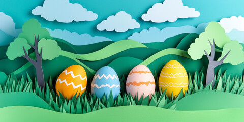 Paper cut spring green landscape with colorful decorated easter eggs in grass, papercraft