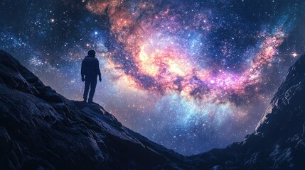 Obraz premium A dramatic space adventure scene where an astronaut stares in awe at a galaxy full of distant worlds.