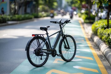 Fototapeta premium Modern Bicycle Parked on Bright Cycling Lane in Futuristic Urban Setting During Daylight, Showcasing Innovative Design Elements in a Dynamic City Environment