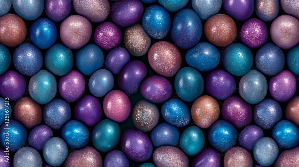 Poster colorful shiny spheres seamlessly arranged on dark background creating a visually rich pattern.