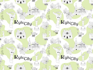 Kyiv city, capital of Ukraine. Urban landscape in lines in light green tones. Seamless pattern, background, print for paper and wallpaper. Vector illustration